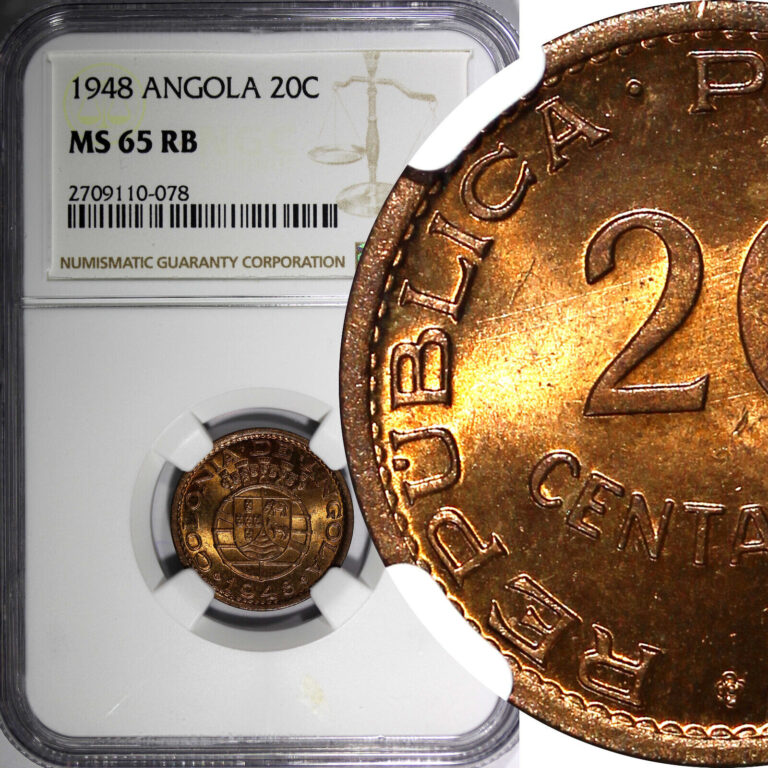 Read more about the article Angola Bronze 1948 20 Centavos NGC MS65 RB 300th Anniversary Revolution KM#71(8)