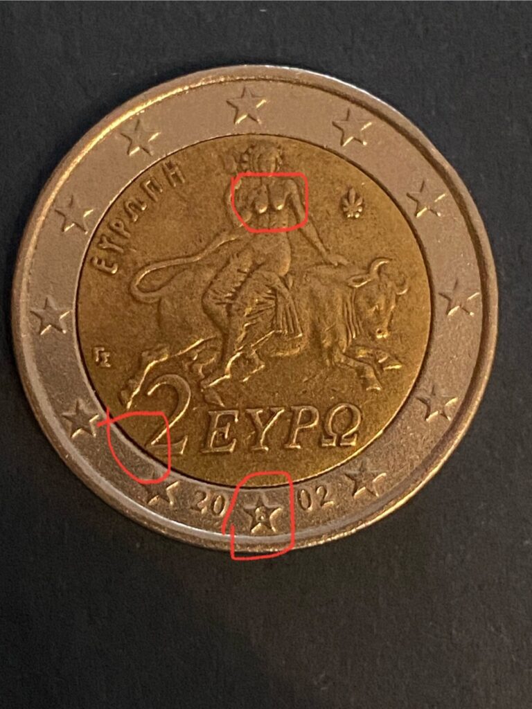 Read more about the article 2 Euro coin Greece 2002 with S in the star (upside down) Eliniki Dimokratia