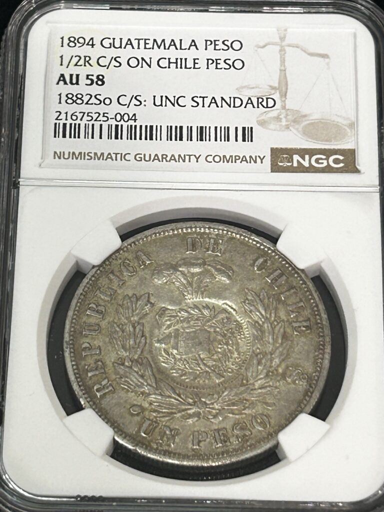 Read more about the article SASA 1894 GUATEMALA PESO 1/2R C/S On PERU SOL NGC AU58 1882 So C/S UNC STD