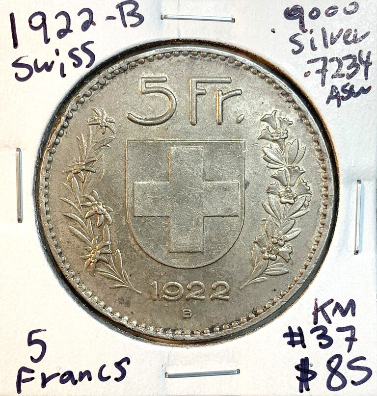Read more about the article 1922-B Switzerland Swiss 5 Francs KM #37 .9000 Silver .7234 Actual Silver Weight