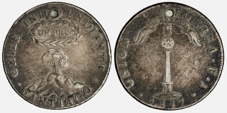 Read more about the article Chile. 1817 Santiago FJ Silver Peso  26.55 gr.  39.5 mm  VF  KM-82.2 Holed