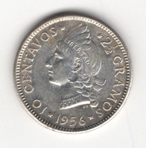 Read more about the article HIGH GRADE 1956 DOMINICAN REPUBLIC SILVER 10 CENTAVOS