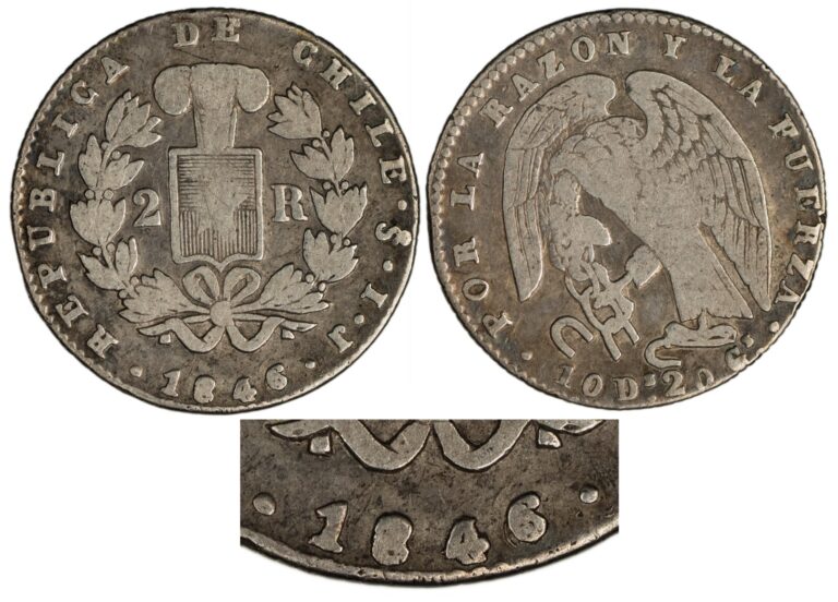 Read more about the article Chile. 1846/6 So IJ Silver 2 Reales  5.79 gr.  22.91 mm.  VF  KM-100.2