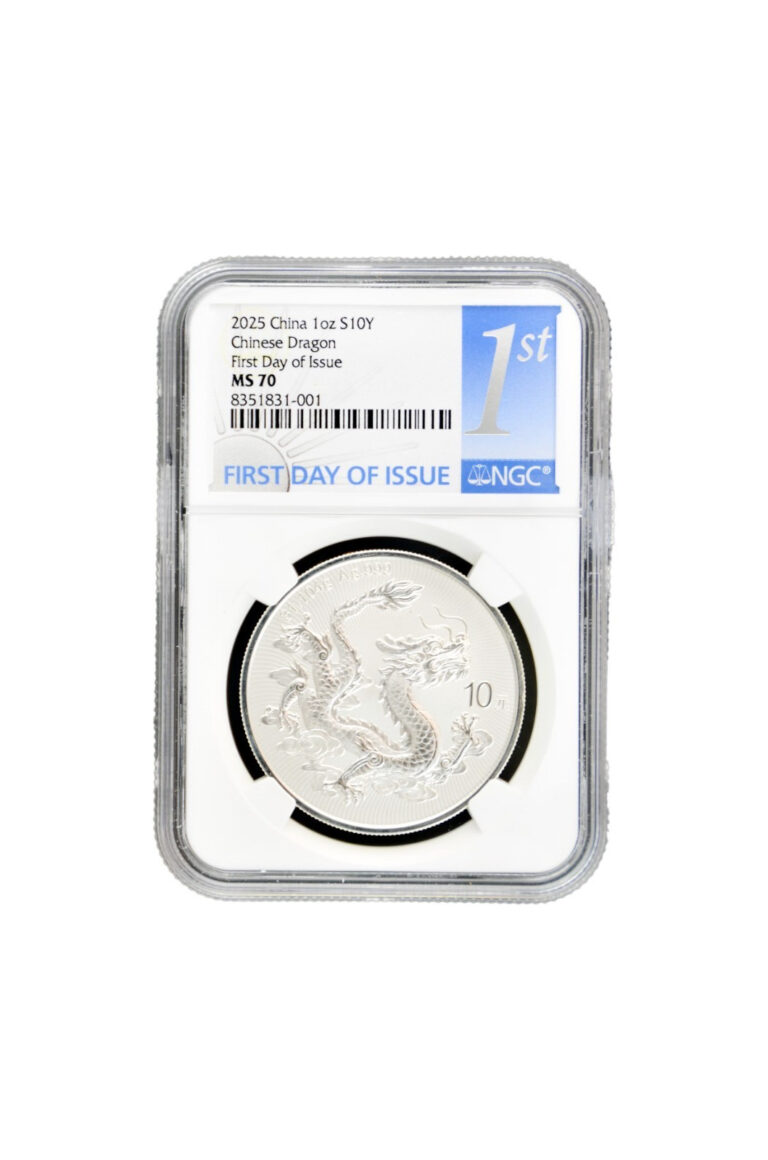 Read more about the article China 2025 Dragon  1 oz Silver MS-70 NGC (First Day of Issue  Dragon)