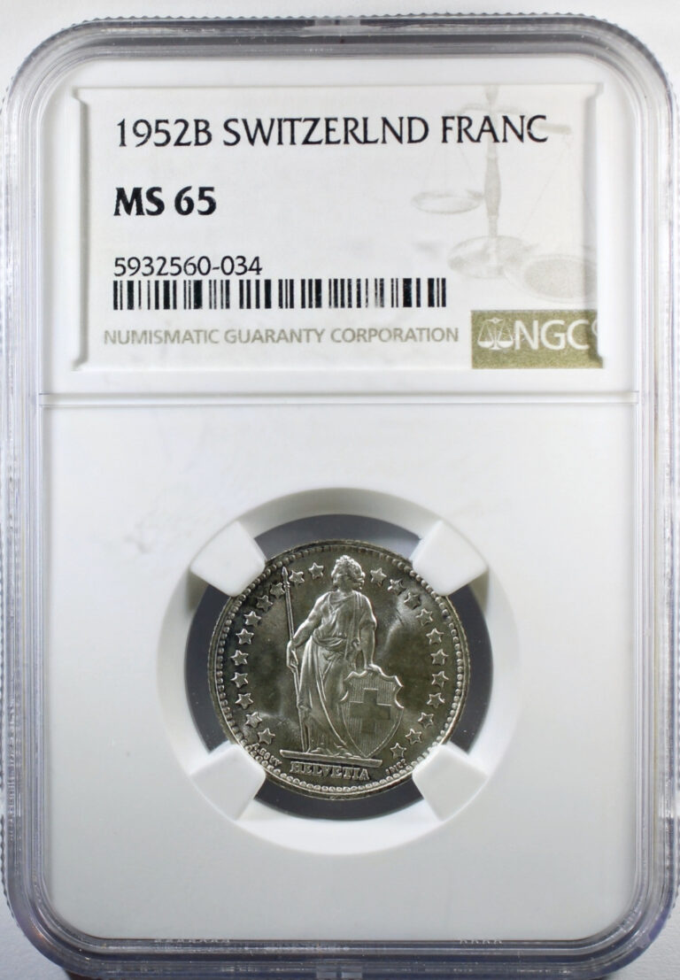Read more about the article 1952B Switzerland 1 Frank Silver Coin – NGC MS-65 – Bern Mint