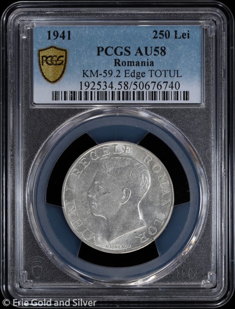 Read more about the article 1941 Romania Silver 250 Lei Coin PCGS AU 58 | Edge TOTUL KM-59.2