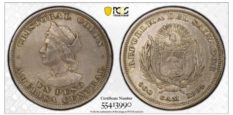 Read more about the article EL SALVADOR. Peso  1894-CAM. Central American (San Salvador) Mint PCGS XF45