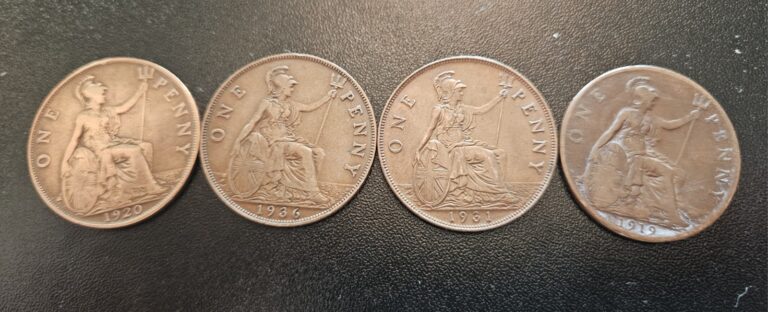 Read more about the article UK Great Britain British One Penny Coin ~ Lot of 4 ~ 1919  1920  1931  1936