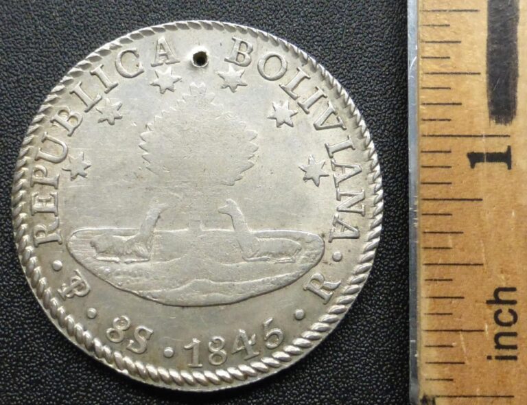 Read more about the article 1845 Republic of Bolivia 8-Soles/Real Silver Coin  Bolivar Laureate Head  XF+