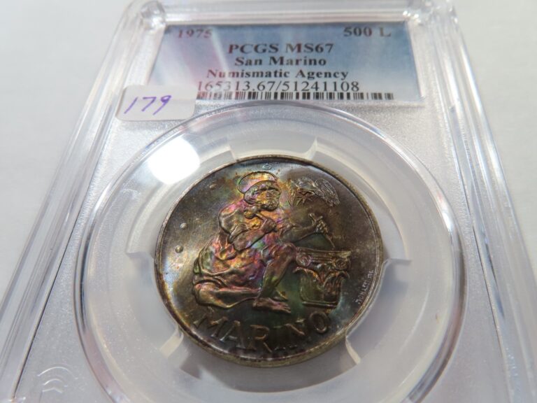 Read more about the article X46 San Marino 1975 Silver 500 Lire Numismatic Agency PCGS MS-67 Rainbow Toning