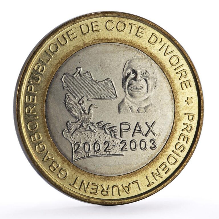 Read more about the article Ivory Coast 6000 francs Laurent Gbagbo Elephant Four Africa bimetal coin 2003