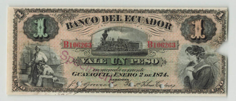 Read more about the article ECUADOR 1 Peso 1874 – Guayaquil  P-S142B Banco de Ecuador  SPECIMEN  EF-  Rare.