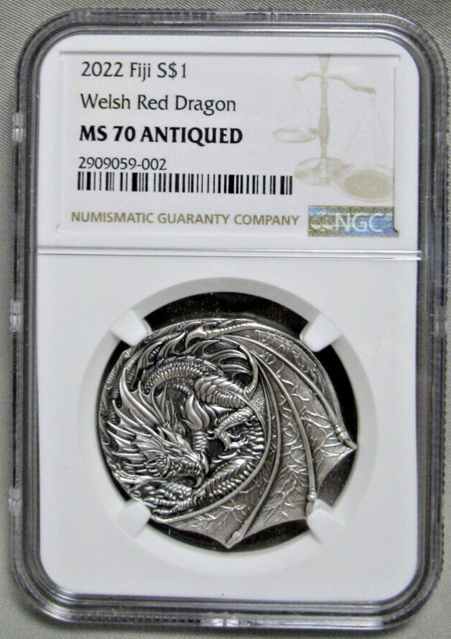 Read more about the article Welsh Dragon Shaped 1 oz .999 Fine Silver Coin – 2022 Fiji  – Graded NGC MS 70