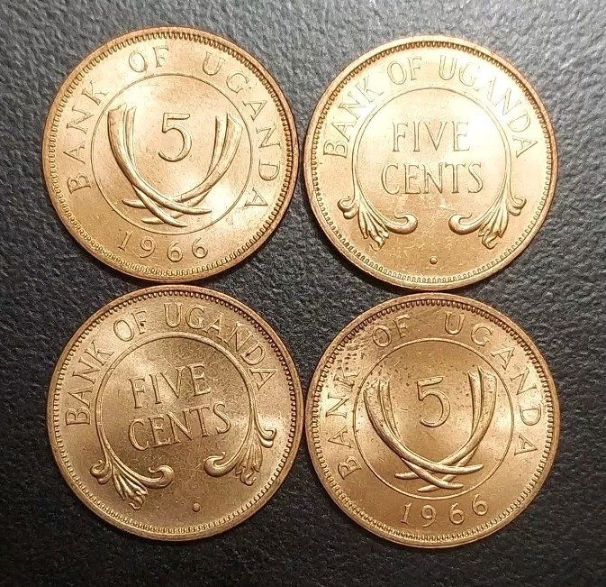 Read more about the article 1966 Uganda 5 Cents Lot Of 4 Unc Coins Crossed Tusks Circular Sprigs KM 1