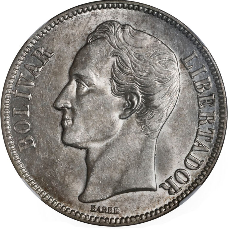 Read more about the article VENEZUELA  5 Bolivares NGC AU 58. KM-Y24.2 Silver Coin