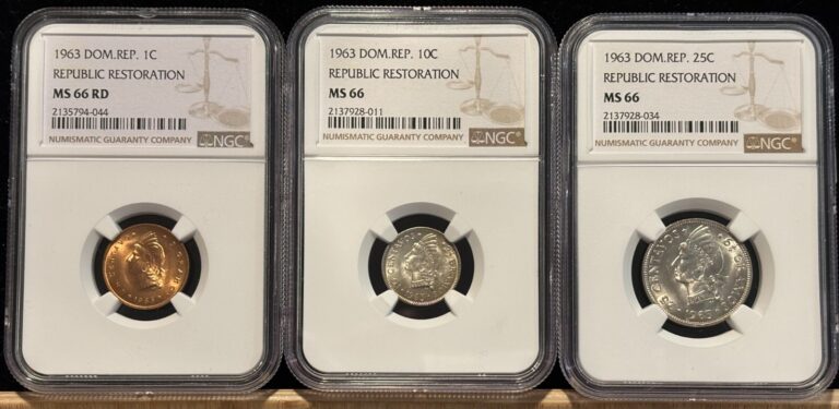 Read more about the article DOMINICAN REPUBLIC 1 10 25 Centavos 1963  NGC MS 66 Gem UNC / BU  3x Set.  C9