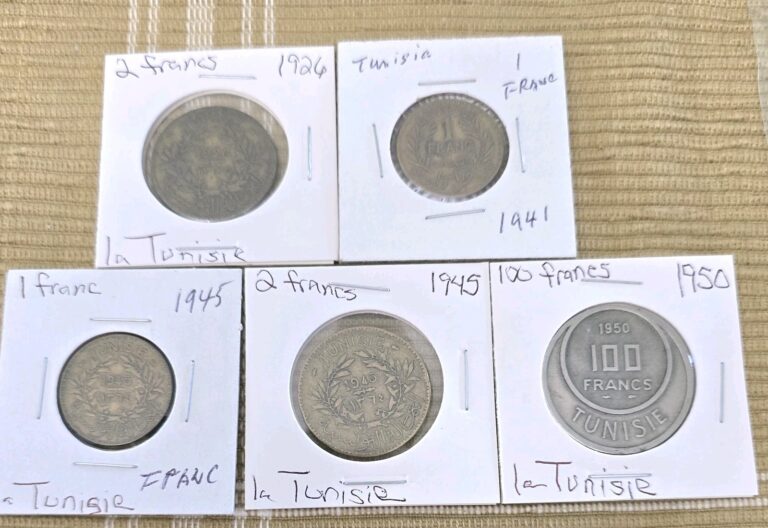 Read more about the article Tunisia Lot Of 5 Coins  1926-1950  1 2 and 100 Francs