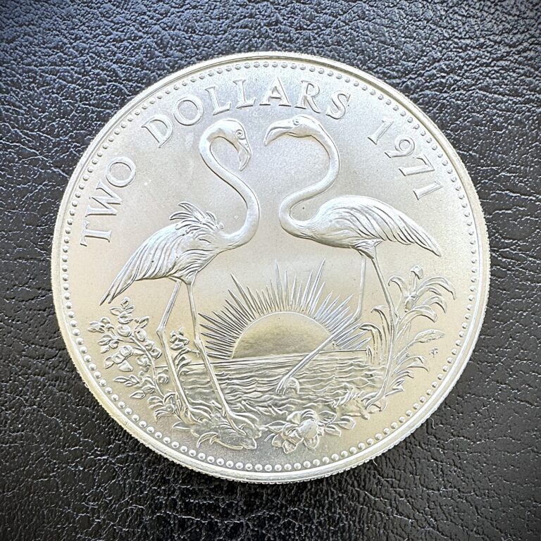Read more about the article 1971 The BAHAMAS Elizabeth II FLAMINGO Birds BU  SILVER 2 Dollars Coin