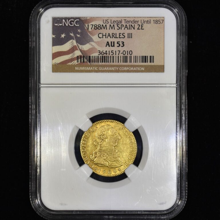 Read more about the article 1788 SPAIN GOLD 2 ESCUDOS ✪ NGC AU-53 ✪ SPANISH COIN M 2E CHARLES III ◢TRUSTED◣