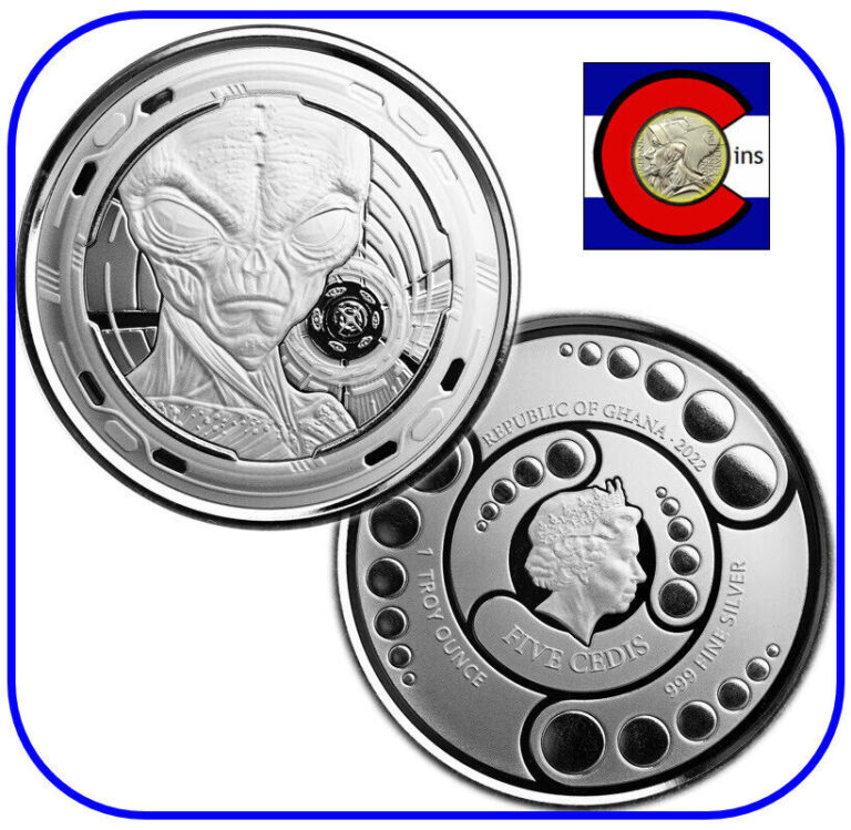 Read more about the article 2022 Republic of Ghana Space Alien BU Silver 1 oz Coin in direct fit capsule