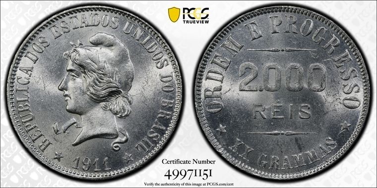 Read more about the article X38 Brazil 1911 Silver 2000 Reis PCGS MS-63
