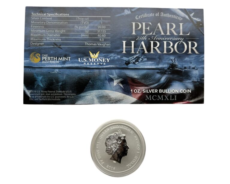 Read more about the article 2016 Tuvalu Pearl Harbor 1 Troy Ounce 9999 Silver 75th Anniversary Coin with COA