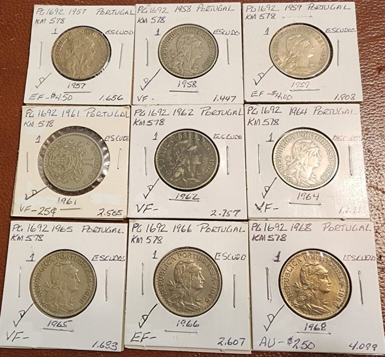 Read more about the article LOT OF 9 ASSORTED PORTUGAL ONE ESCUDO COINS 1957-1968