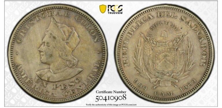 Read more about the article 1909 CA M EL SALVADOR PESO SILVER COIN PCGS XF