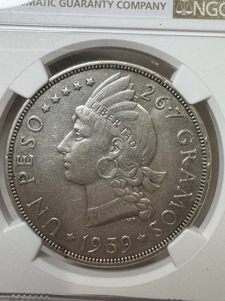 Read more about the article 1939  Dominican Republic 1 Peso NGC AU Details Silver