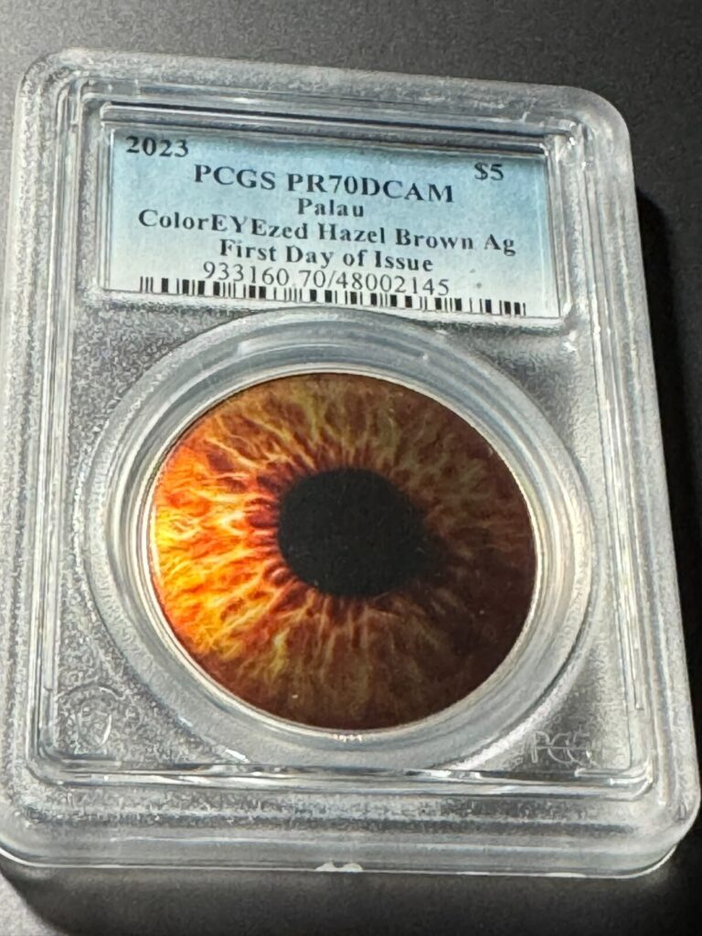 Read more about the article 2023 Palau $5  ColorEYEzed Hazel Brown  PCGS PR70DCAM FDOI