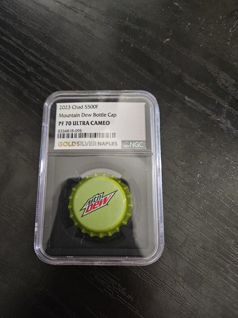 Read more about the article 2023 Mountain Dew Bottle Cap .999 Silver 6g Chad Coin NGC PF70 Mtn Dew