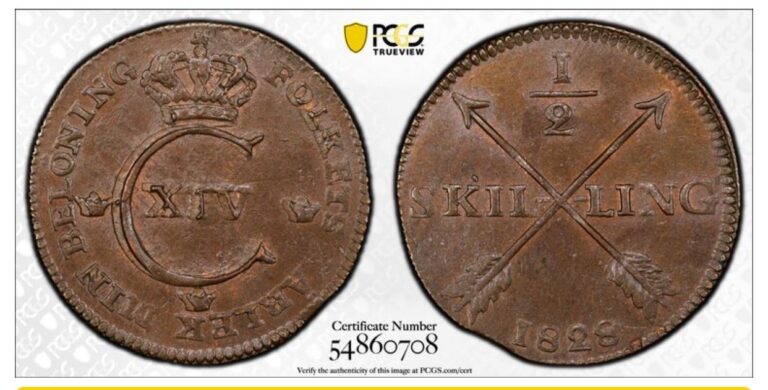 Read more about the article Sweden  coins Sweden  Karl XIV Johan MIS 8   ½ skilling 1828 PCGS MS62BN
