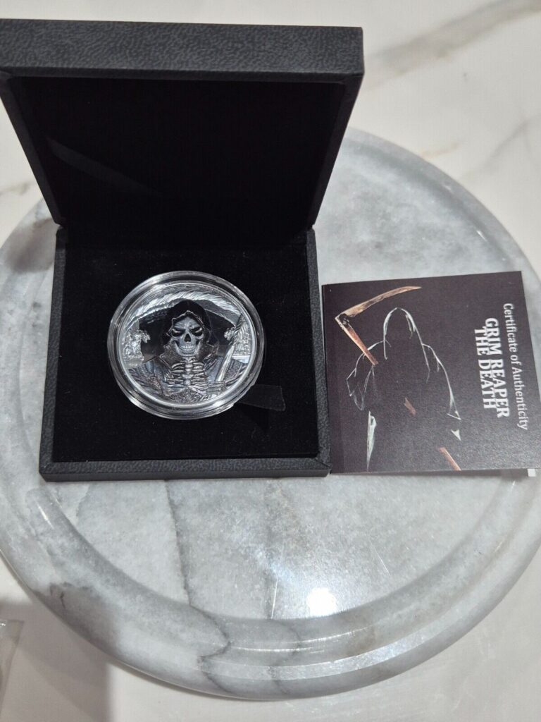 Read more about the article 2018 1 Oz BLACK PROOF Silver 1000 Francs Equatorial Guinea DEAD GRIM REAPER Coin