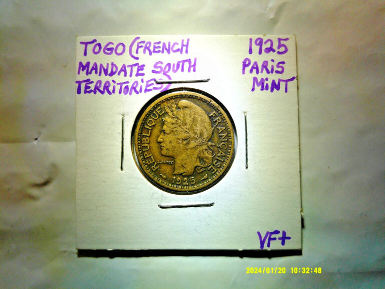 Read more about the article 1925(a) Togo 1 Franc – KM# 2  Aluminum-Bronze  2 768 000 minted KEY DATE!!