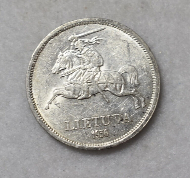 Read more about the article LITHUANIA 5 LITAI  1936  UNCIRCULATED SILVER ( stock# 34)