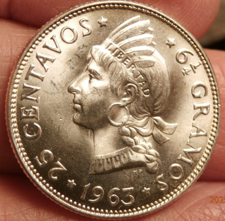 Read more about the article 1963 DOMINICAN REPUBLIC (SANTO DOMINGO)  25 CENTAVOS BRILLIANT UNC. S-1021