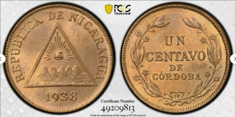 Read more about the article :1938 1-CENTAVO NICARAGUA NATIONAL EMBLEM PCGS MS64RB RARE R8 4/3 HIGHEST GRADES