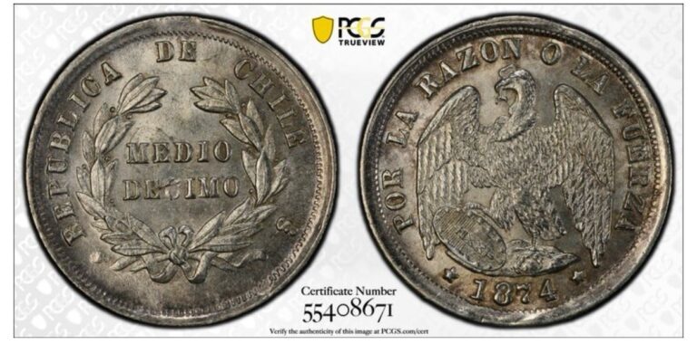 Read more about the article Chile 1/2 Decimo 1874 So KM# 137.2 PCGS MS64 Silver 1.25 g.; Santiago Mint