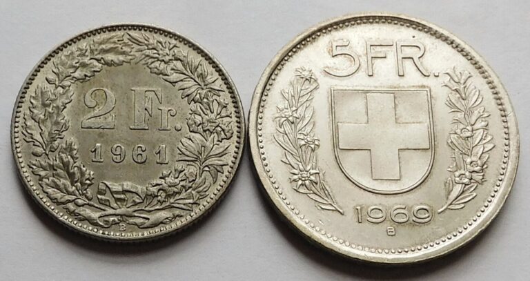 Read more about the article Switzerland 1961 B 2 Francs Ch AU + 1969 B 5 Francs UNC  Two Silver Swiss Coins