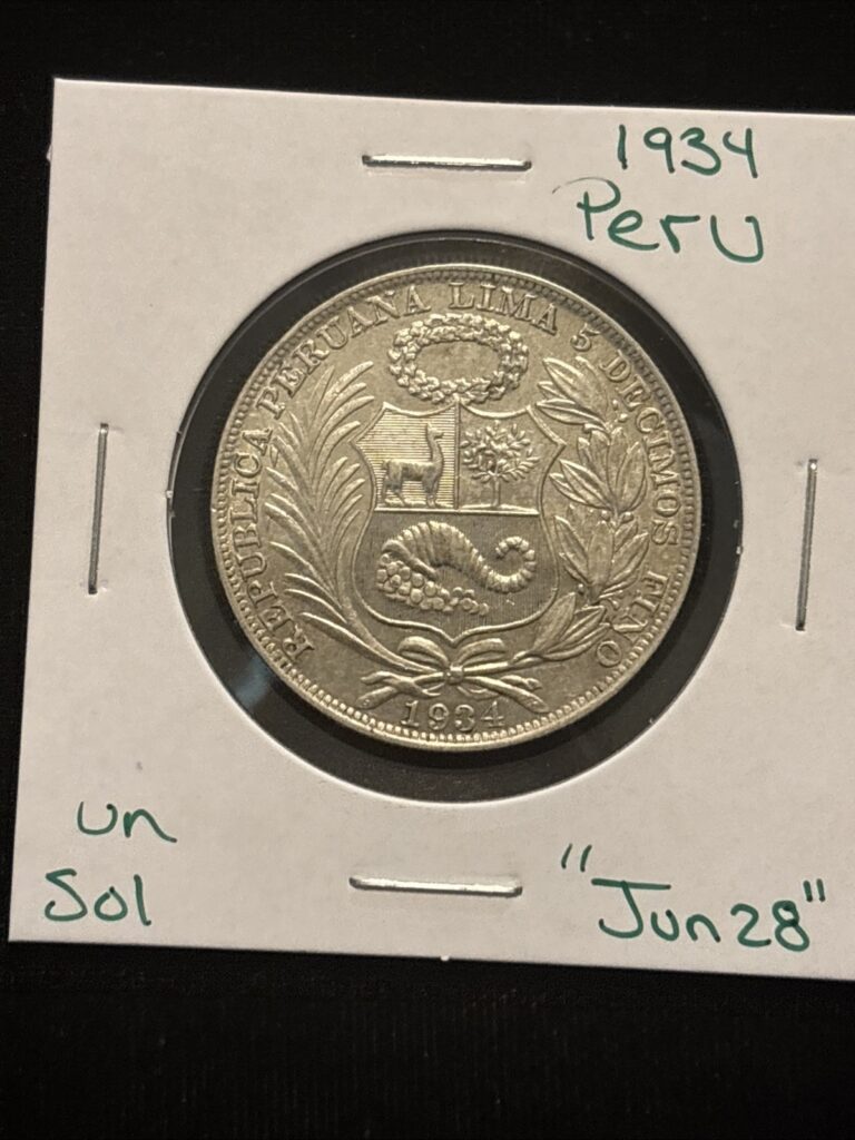 Read more about the article 1934 Peru Un Sol “jun28” Peruvian Silver 1 Sol