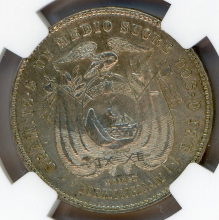 Read more about the article ECUADOR  1/2  SUCRE  1884 HEATON  L-R  KM # 52  NGC VF DETAILS.
