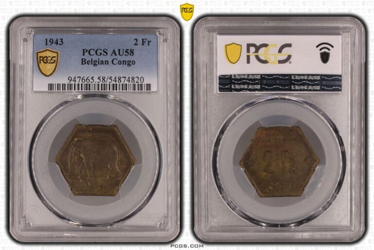 Read more about the article BELGIAN CONGO 2 FRANCS HEXAGONAL AU COIN 1943 YEAR KM#25 ELEPHANT PCGS AU58
