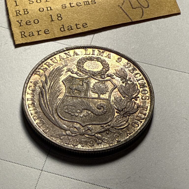 Read more about the article Peru 1 Sol  Y.J  RB On Stems Flanking Date 1879 Rare Date.  $300 Toned Choice