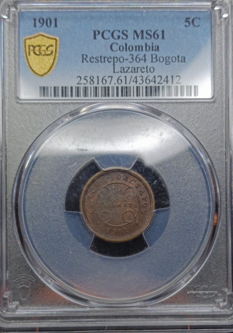 Read more about the article 1901 Colombia 5 Centavos Leper Colony PCGS MS 61