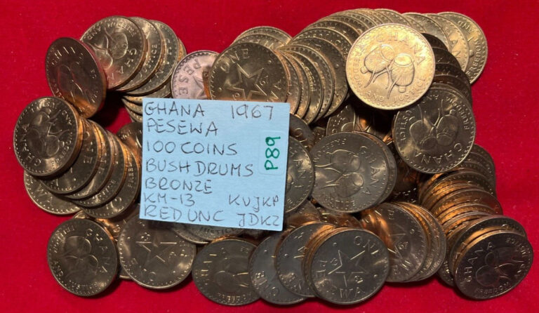 Read more about the article #P89 Ghana; 100 Coins Lot from Mint Bag – Pesewa 1967 Bush Drums  KM#13  Red UNC