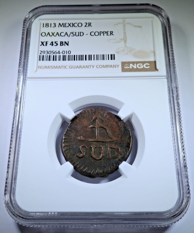 Read more about the article NGC XF-45 Oaxaca 1813 Mexico 2 Reales SUD Copper Genuine Morelos Two Bit 2R Coin