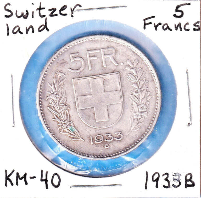 Read more about the article 1933B Switzerland 5 Francs  (KM-40)  .4027 ASW Silver