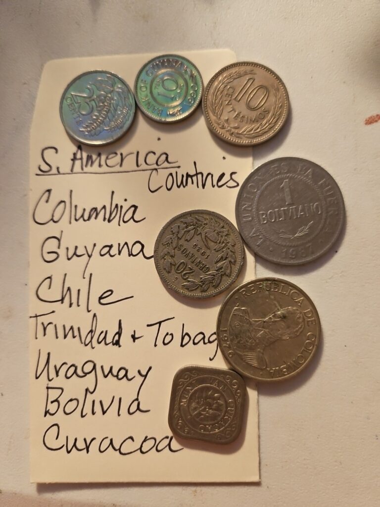 Read more about the article S. American  Countries Columbia  Guyana  Chile Uraguay  Bolivia Curacoa  .Coins