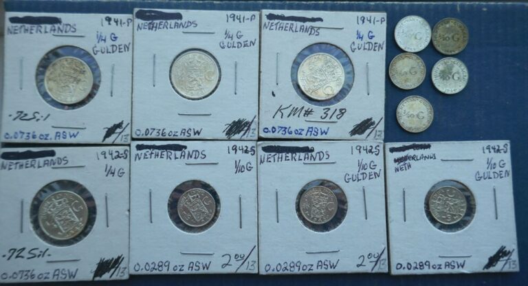 Read more about the article Lot of 12 Netherlands East Indies WW-2 Era 1/4 and 1/10 SILVER GULDEN COINS .72