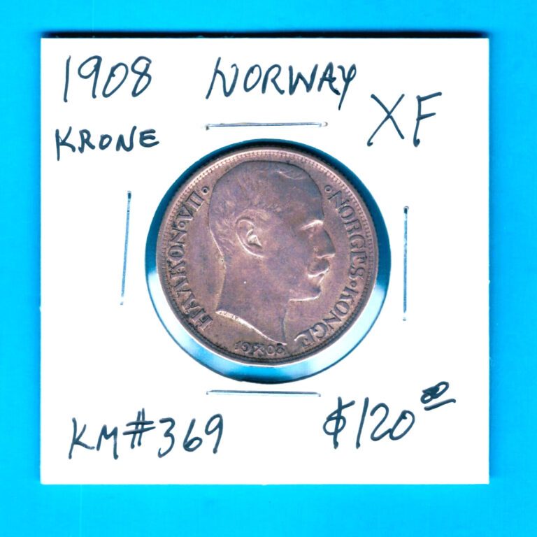 Read more about the article NORWAY – BEAUTIFUL HISTORICAL SCARCE HAAKON VII SILVER 1 KRONE  1908  KM# 369